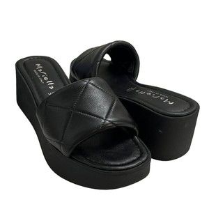 Mariella Womans 7 Black Leather 90s Y2K School Girl Quilted Platform Sandal